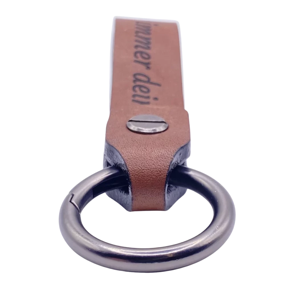Leder Schlüsselanhänger mit aufwändiger Kantenversiegelung mit Anthrazit-Verschraubung und Anthrazit-Schnellverschlussring Front