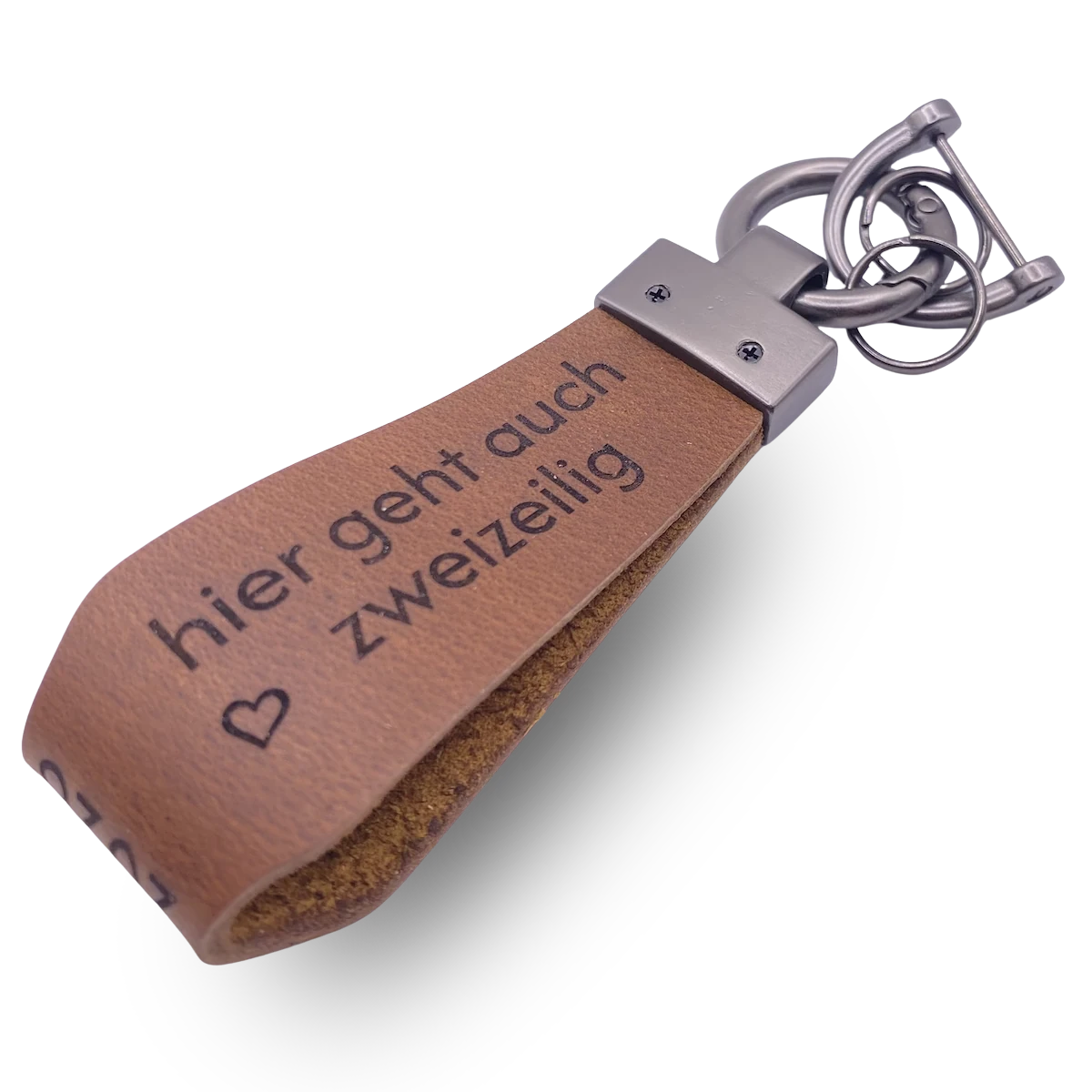 Personalisierter Leder Schlüsselanhänger braun breit mit Fassung in anthrazit mit Gravur Rückseite