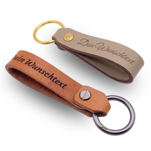 Leder Schlüsselanhänger personalisiert mit Gravur in taupe und braun mit Schnellverschlüssen