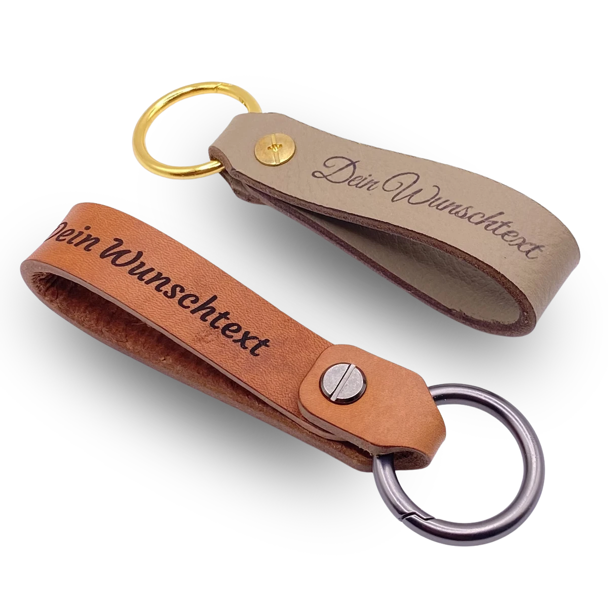 Leder Schlüsselanhänger personalisiert mit Gravur in taupe und braun mit Schnellverschlüssen