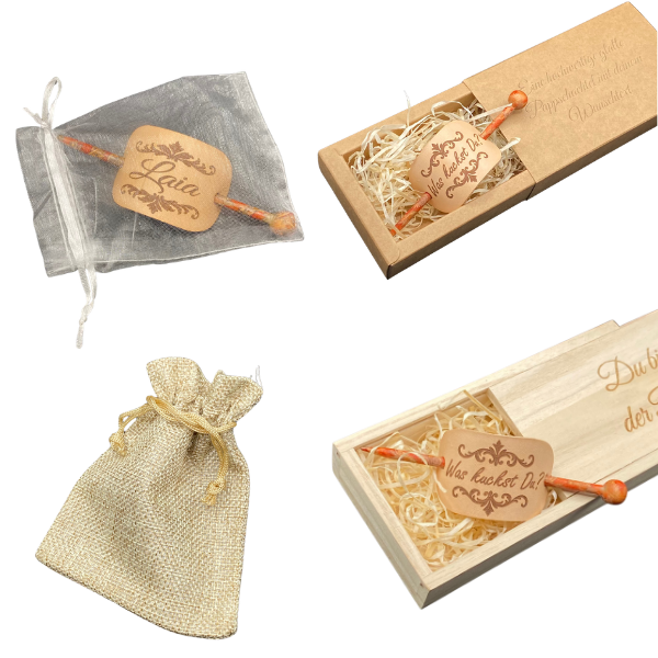 Leder Haarspange mit Gravur in verschiedenen Geschenkverpackungen